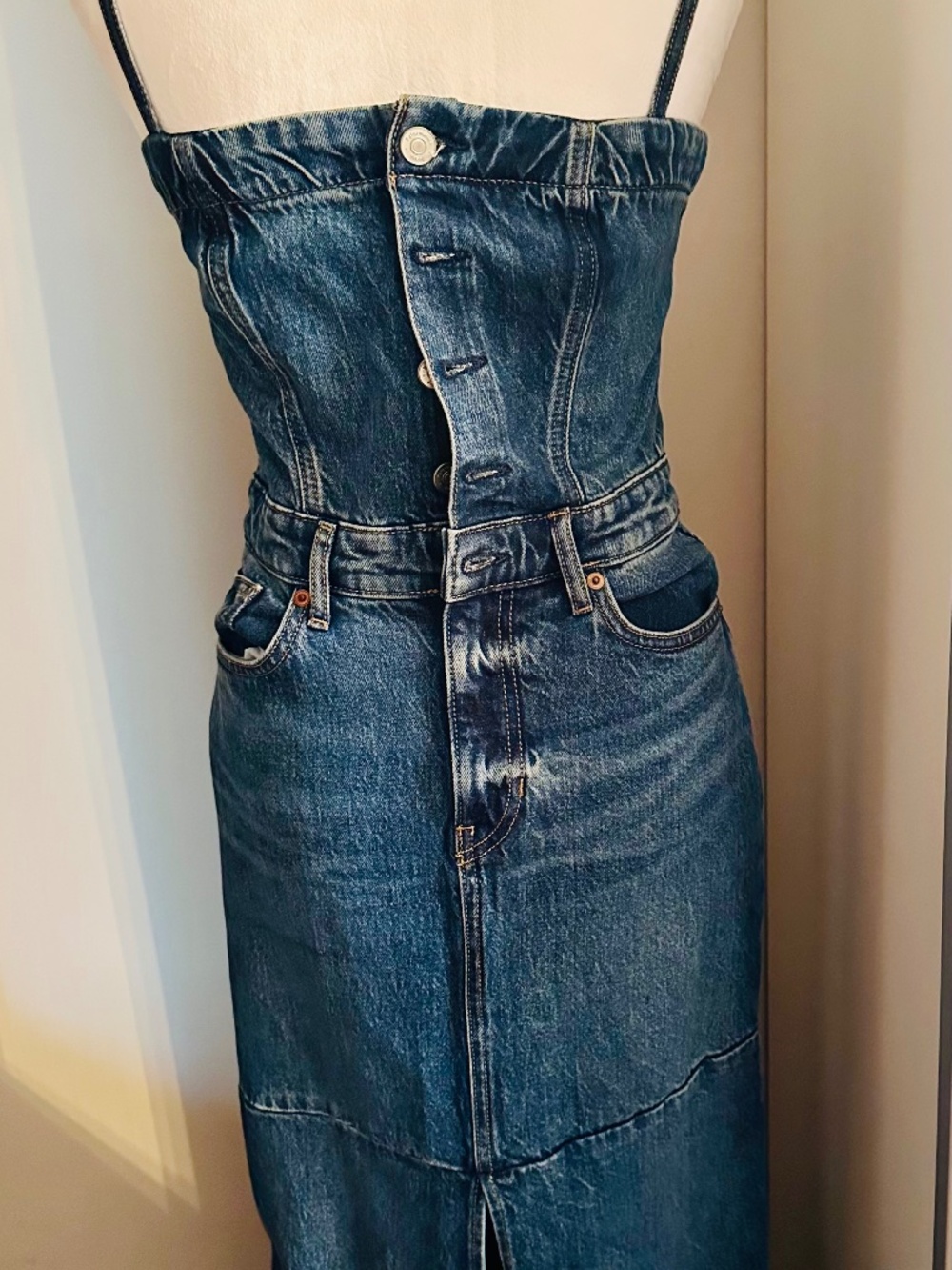 Reformation blue denim maxi dress with button-up front and pockets, size 2 #refo